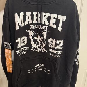 Black Graphic Hoodie with White and Orange Accents